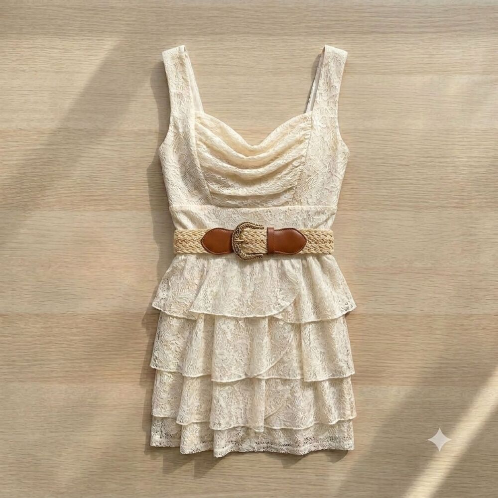 Boho Cream Lace Ruffle Mini Dress - Cowl Neck, Size 5 junior